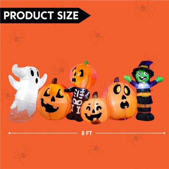 New 8 ft Long Halloween Inflatable Three Characters and Pumpkin Patch - Picture 5 of 8